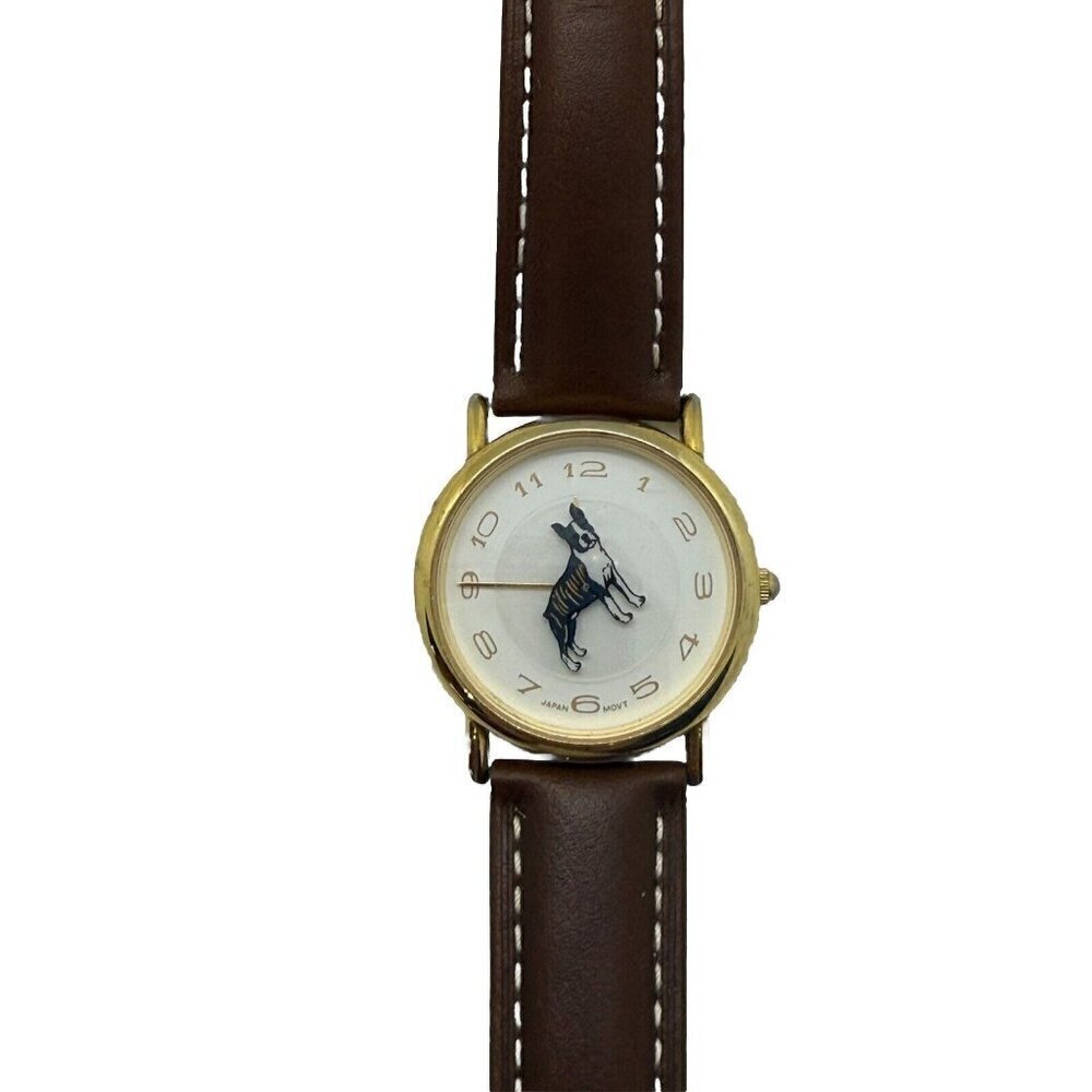 Vtg WRAP Boxer Dog Rotating Watch Gold Tone Round Face Brown Leather Band Arabic